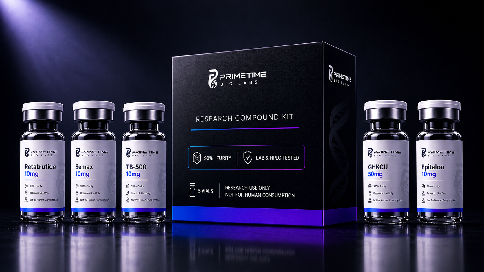 Research-grade peptide vials produced at Primetime Biolabs